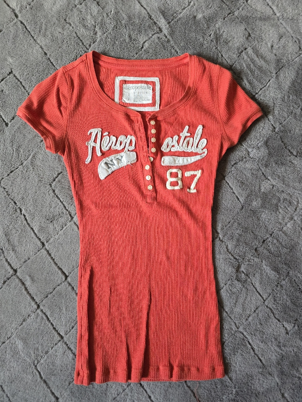 Vintage Aéropostale Red Orange Ribbed Graphic Henley Tee